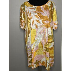 C&C California Yellow Orange Pink Leaf 100% Linen Top Womens Size 1X Button Back